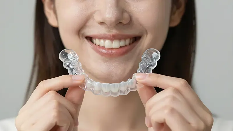 Woman showing orthotic for TMJ relief in San Diego